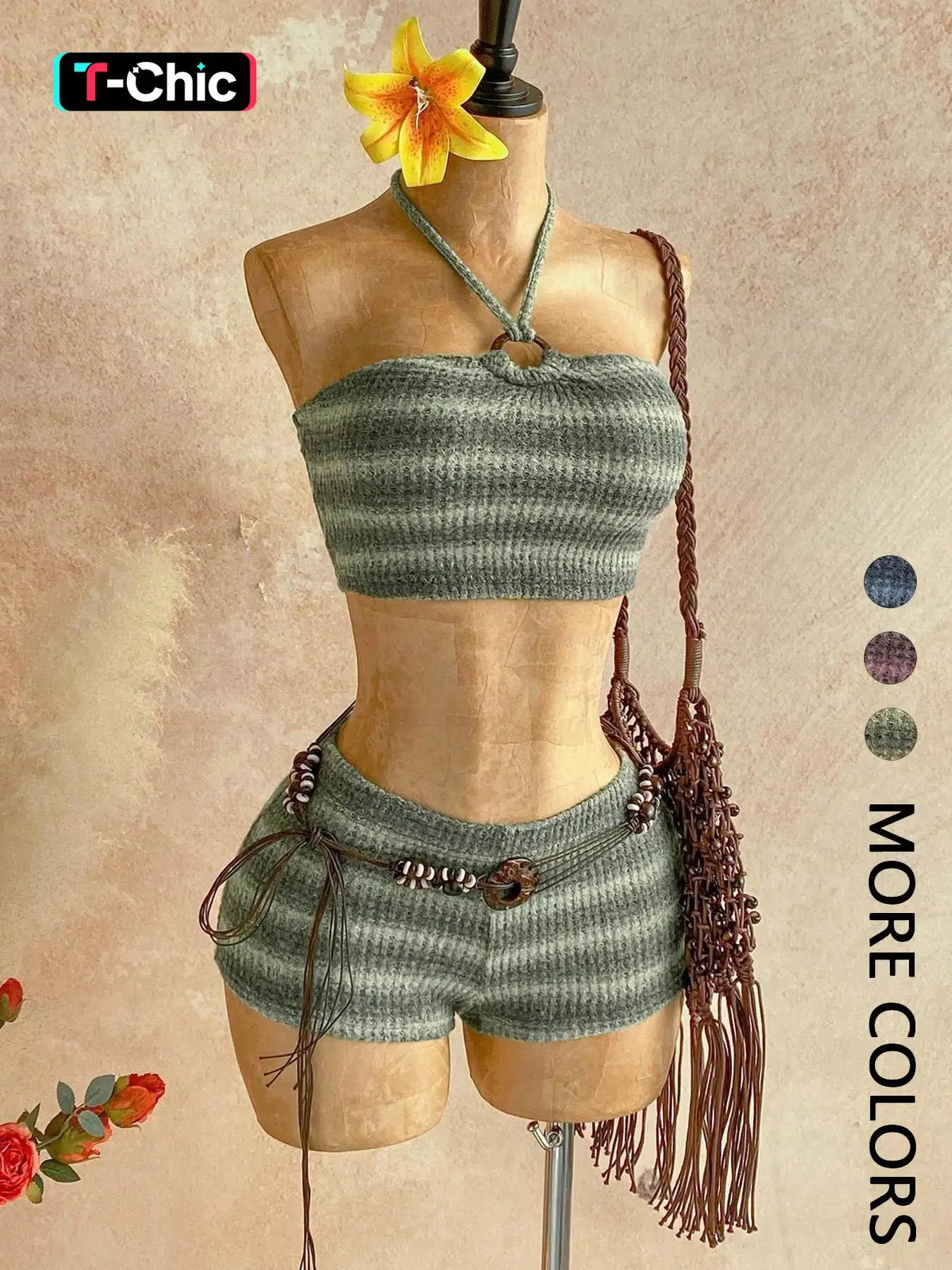 Women's Spring Summer Knit Fitted 2-Piece Matching Set Outfit, Gradient Stripe Sleeveless Halter Crop Top and High-Waist Shorts, Y2K Baddie Boho Coastal Cowgirl Style for Vacation and Festival Beach Wear