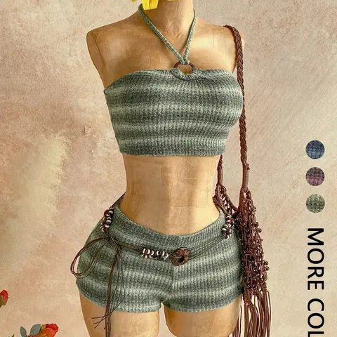 Women's Spring Summer Knit Fitted 2-Piece Matching Set Outfit, Gradient Stripe Sleeveless Halter Crop Top and High-Waist Shorts, Y2K Baddie Boho Coastal Cowgirl Style for Vacation and Festival Beach Wear, Clothing Sets