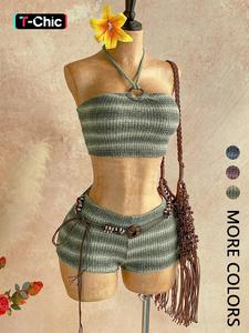 2 Spring Summer Knit Fitted 2 Piece Set Women | Gradient Stripe Sleeveless Halter Crop Top + High Waist Shorts | Y2K Baddie Boho Coastal Cowgirl Style for Vacation Beach Festival Wear