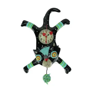 Allen Designs Enesco Craft Attack Cat with Yarn Sculpted Pendulum Wall Clock, 16.25 Inch, Multicolor