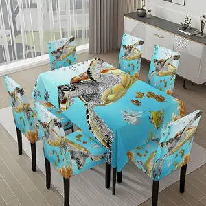 5/7-piece 2D Flat Printing Blue and Yellow Sea Turtle Swimming Underwater Printing Pattern Tablecloth and Chair Cover Set, for dining table and chair decoration, perfect for home, holiday gatherings, restaurants, and parties.