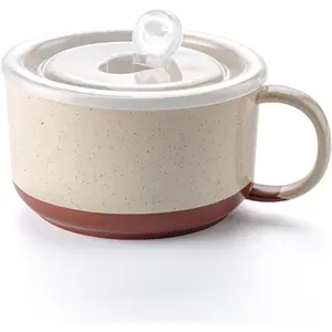 Soup Bowl with Lid: 38 oz Ceramic Soup Mug with Big Handle for Ramen Cereal Breakfast Meal Prep Office Lunch Dorm Living - Microwave Safe   Container - Cream
