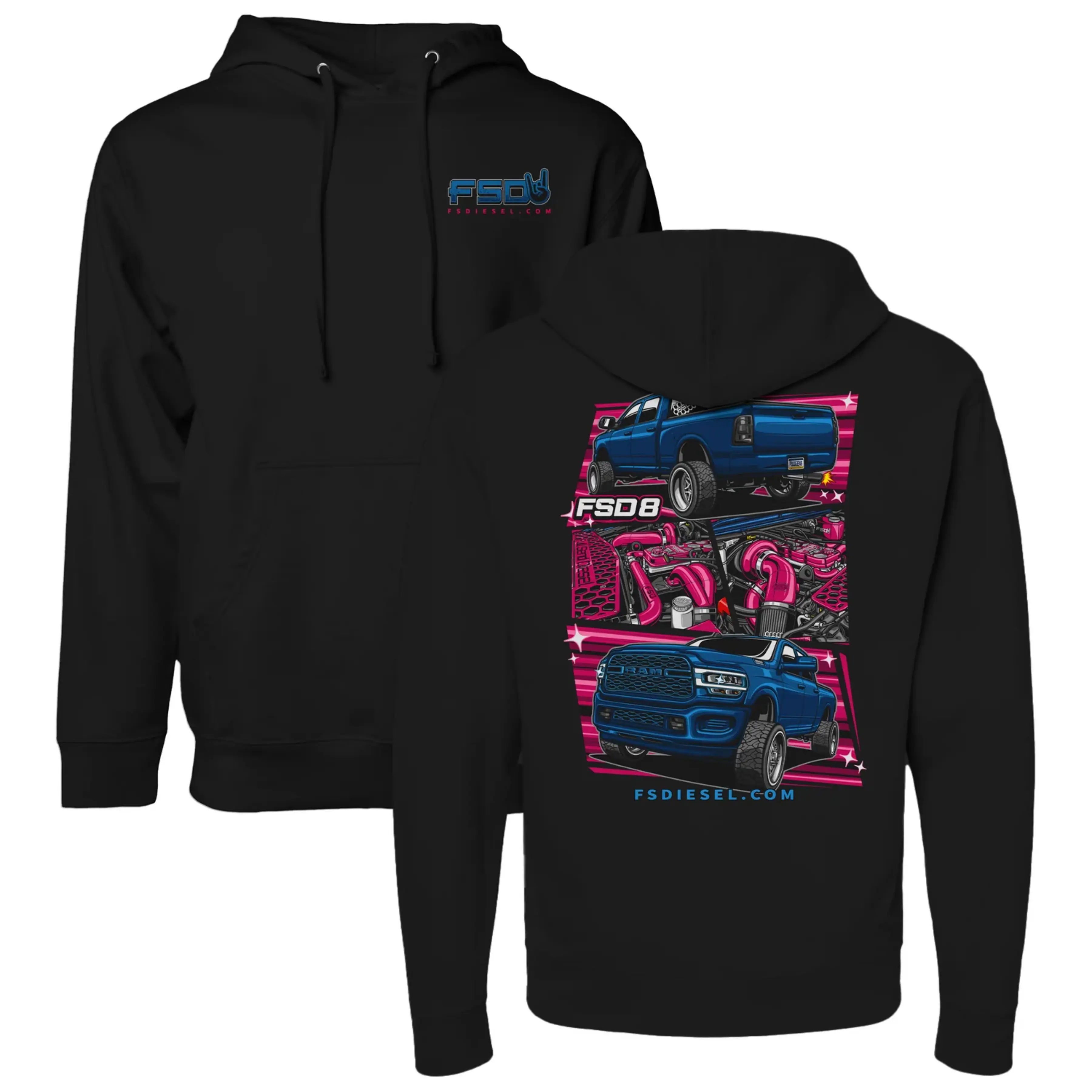 FSD8 Blue RAM Truck Graphic Hoodie with Pink Engine Design - Black Cotton Hoodie Gift for Diesel Truck Owners
