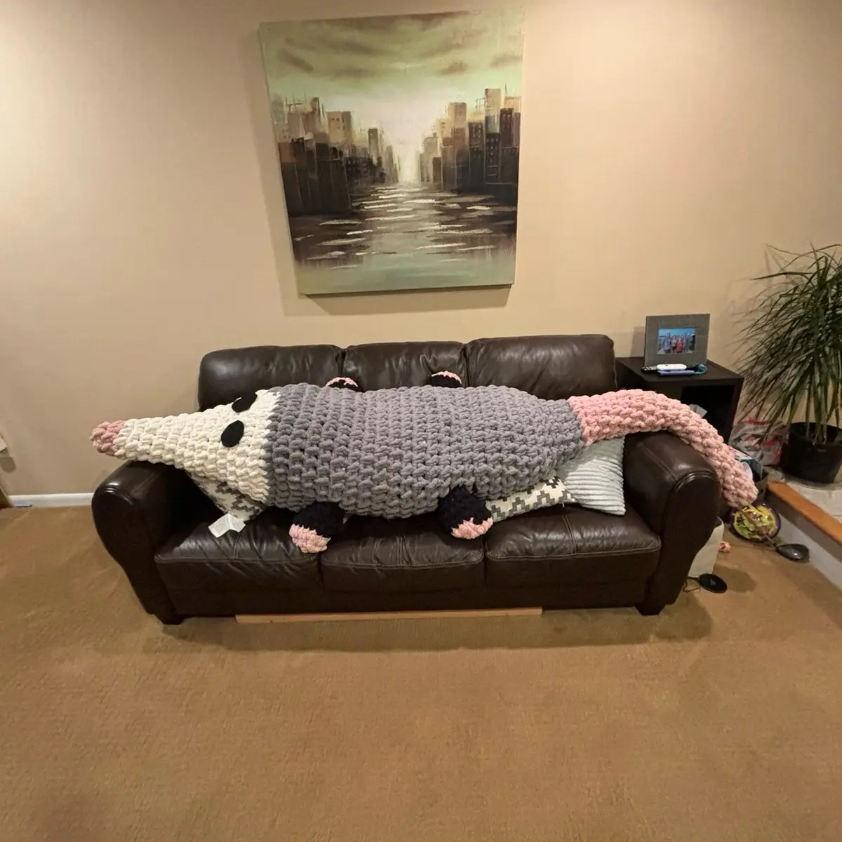 8 foot long soft stuffed crochet possum pillow