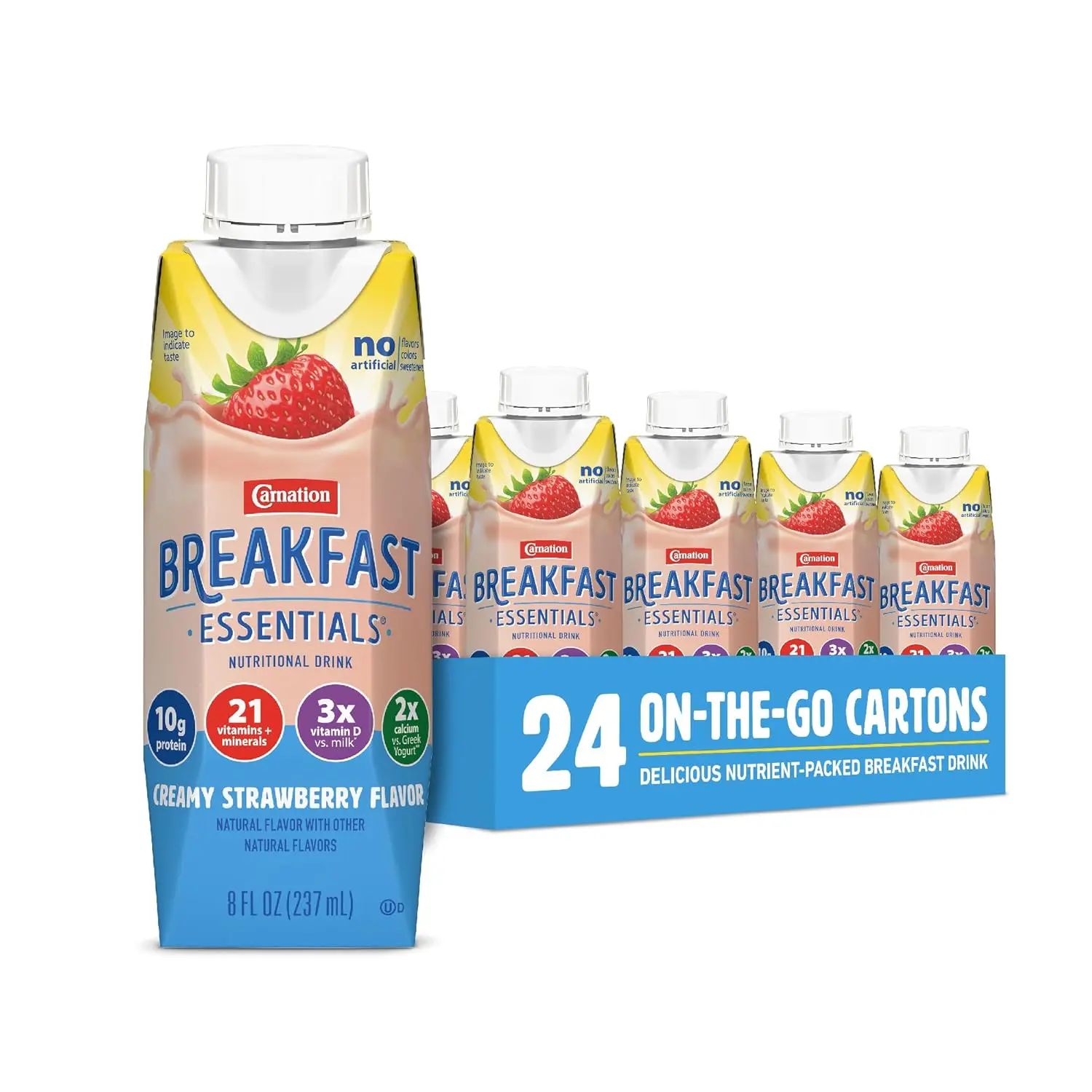 Carnation Strawberry Flavor Refrigerated Ready-to-Drink High Protein Meal Replacement Beverage - 8 fl oz Carton, Pack of 24, 24-Month Shelf Life, Kosher, Gluten-Free, Canola Oil, Vitamin C, Milk Protein Energy Booster for Adults, Children