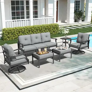 FBT6 Piece Aluminum Patio Conversation Set, Outdoor Metal Furniture Set w/Rocking Swivel Chairs, 3-Seat Sofa, Ottomans and Coffee Table, 5" Thickened Cushions for Backyard, Poolside, Gray