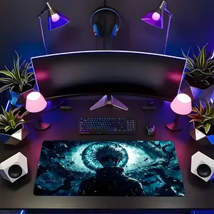 Vintage Neon Blue Anime Character with Giant Eye Large Gaming Mouse Pad, Non-Slip Rubber Base with Reinforced Stitched Edge, Edgy Shonen Anime Aesthetic Design, Durable Desk Mat for Gaming & Office, Great Gift for Anime Lovers & Gamer Boys