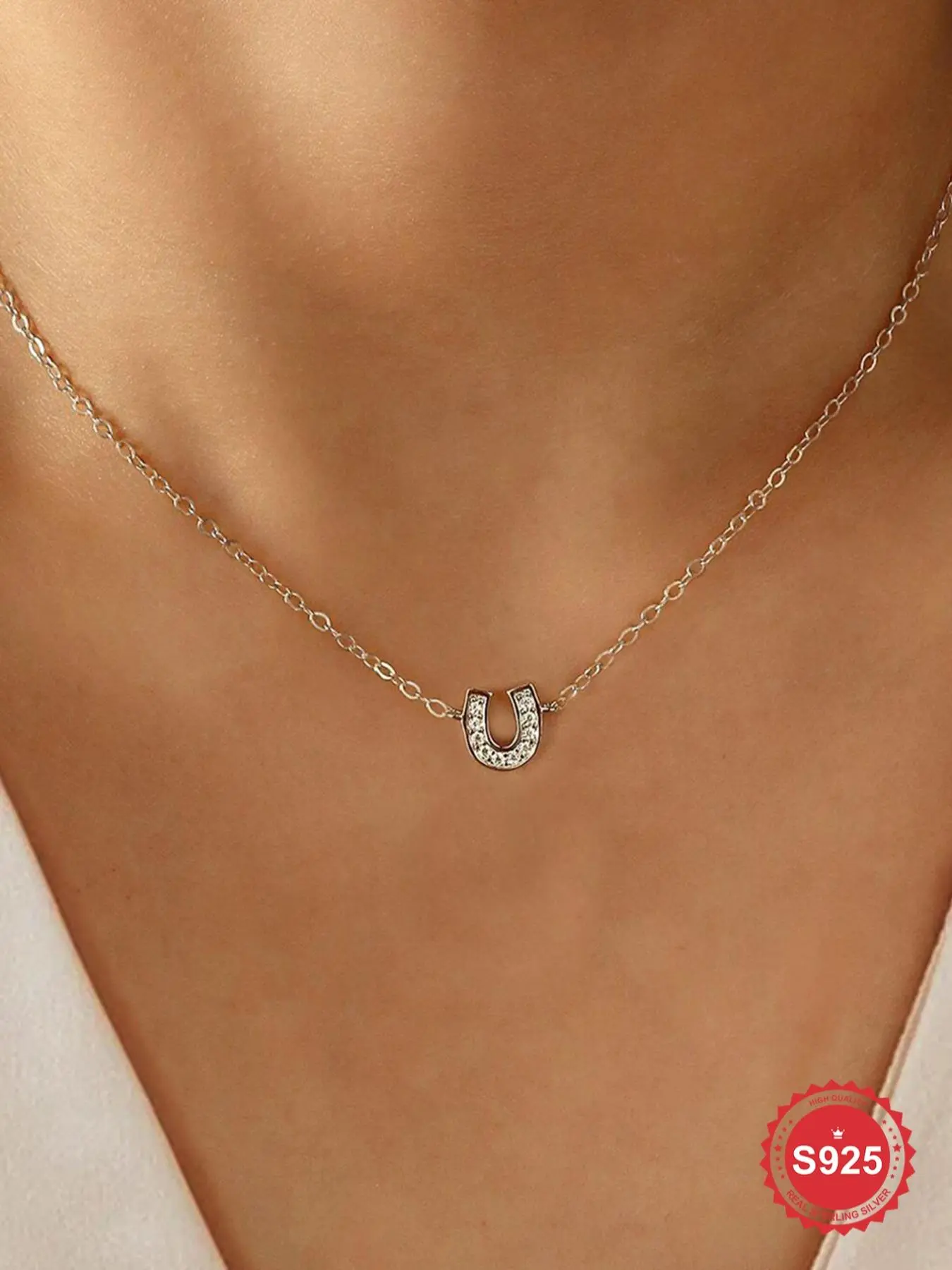 S925 Sterling Silver Horseshoe Design Pendant Necklace with Box, Artificial Zircon Decor Necklace, Decorative Necklace, Elegant Necklace, Fashion Jewelry Accessories for Women As Gift