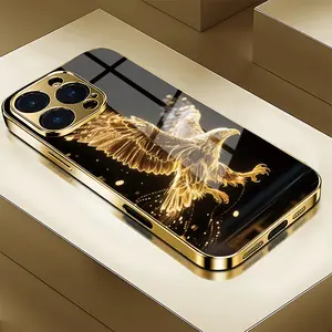 2026 new fashion golden eagle design electroplated glass mobile phone case, 17Promax to 11ProMax, XS and other models, trendy personality high-end luxury local tyrant gold models, unisex all seasons gift