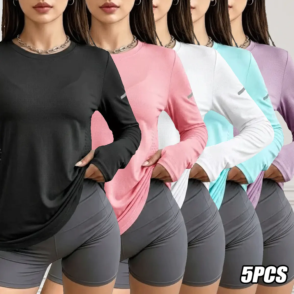 Pack of 5 women’s solid-color crew-neck long-sleeve T-shirts, breathable and comfortable with reflective stripes; suitable for badminton and tennis, ideal for fitness, running at night, and everyday wear; women’s apparel, women’s top, autumn long sleeves.