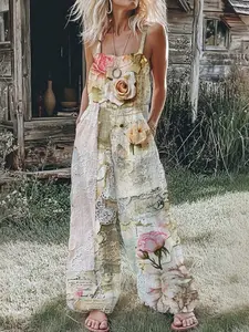 Women's Spring Summer Romantic Retro Floral Patchwork Lace Sling Design One Piece Jumpsuit, Jumpsuits For Women