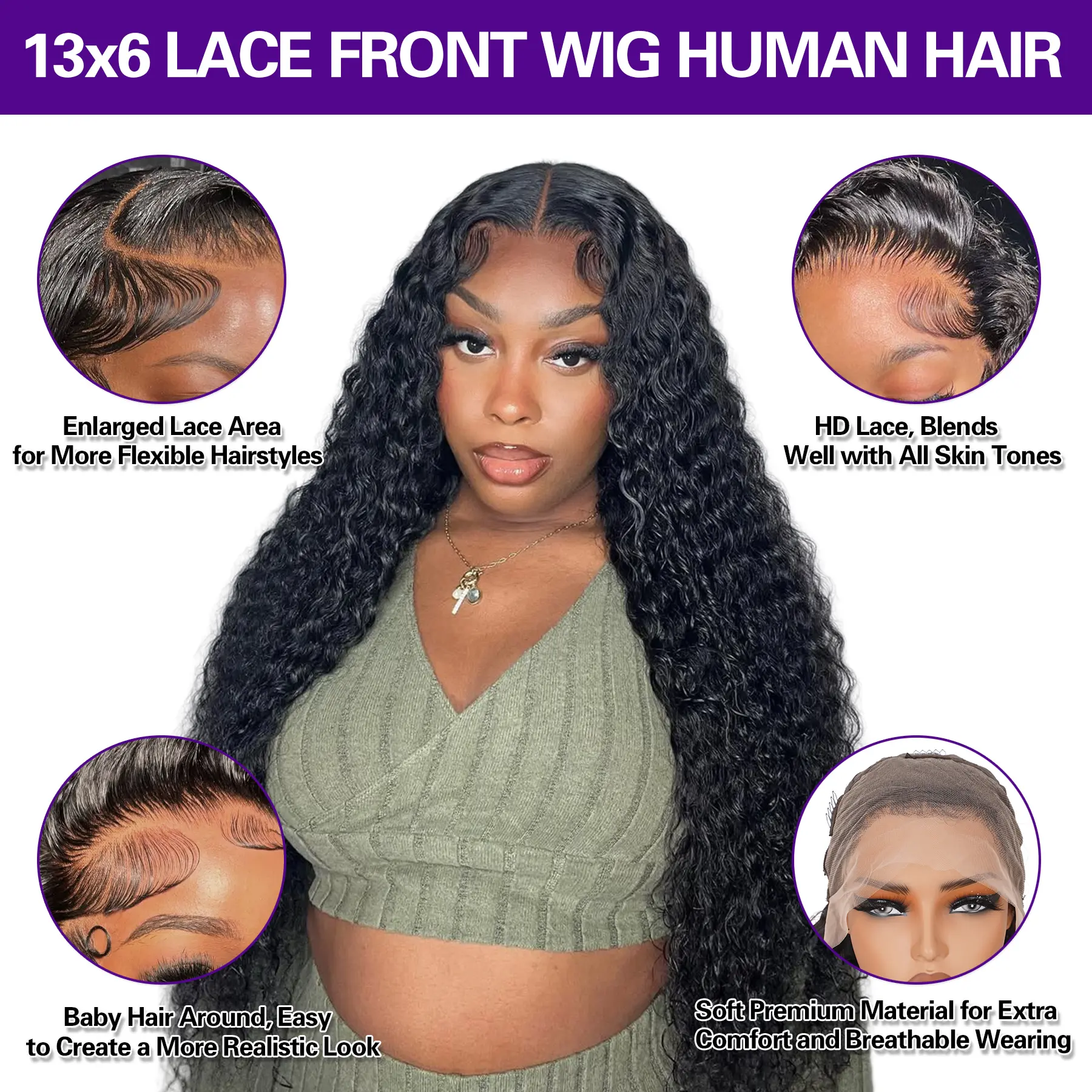 Lrv Hair 210% Density Pre Plucked Deep Wave Lace Frontal Wig  display picture 3