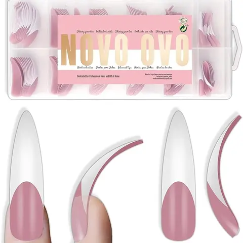 NOVO OVO Acrylic Press on Nails, 144-Pcs XXL Curved Stiletto Almond Soft Gel Full Cover Berry Pink French Tip for Extension, Gel & Manicure at Home, Almond Tip False Nails & Accessories