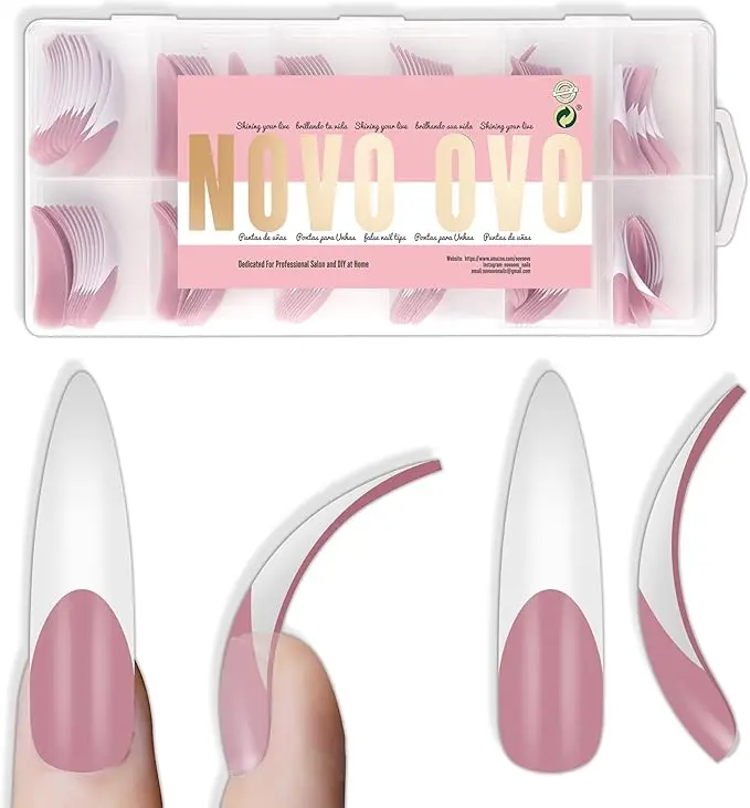 NOVO OVO Press on Nails, 144 Pcs XXL Curved Stiletto Almond Soft Gel Full Cover Tips with Berry Pink French Tip for Acrylic Nails Extension, Multi-Pack