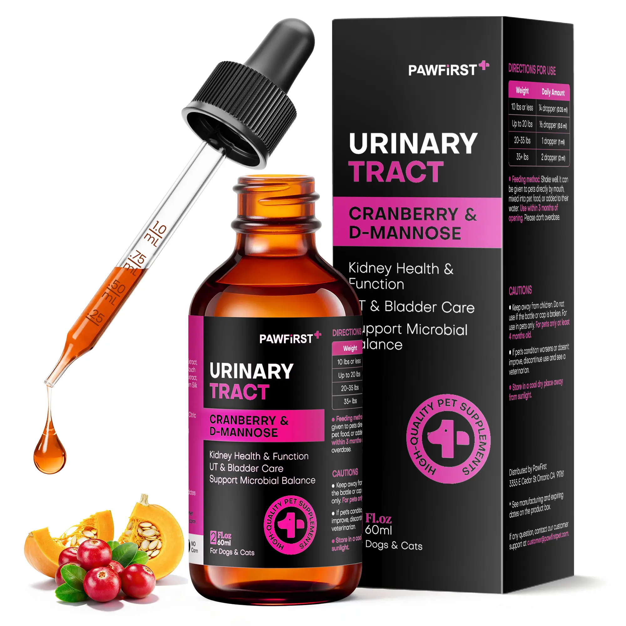 PawFirst Pet Urinary Tract Support Drops for Dogs & Cats - Cranberry D-Mannose Herbal Supplement for Bladder & Kidney Health, Aids Healthy Urination & Reduces Urine Odor