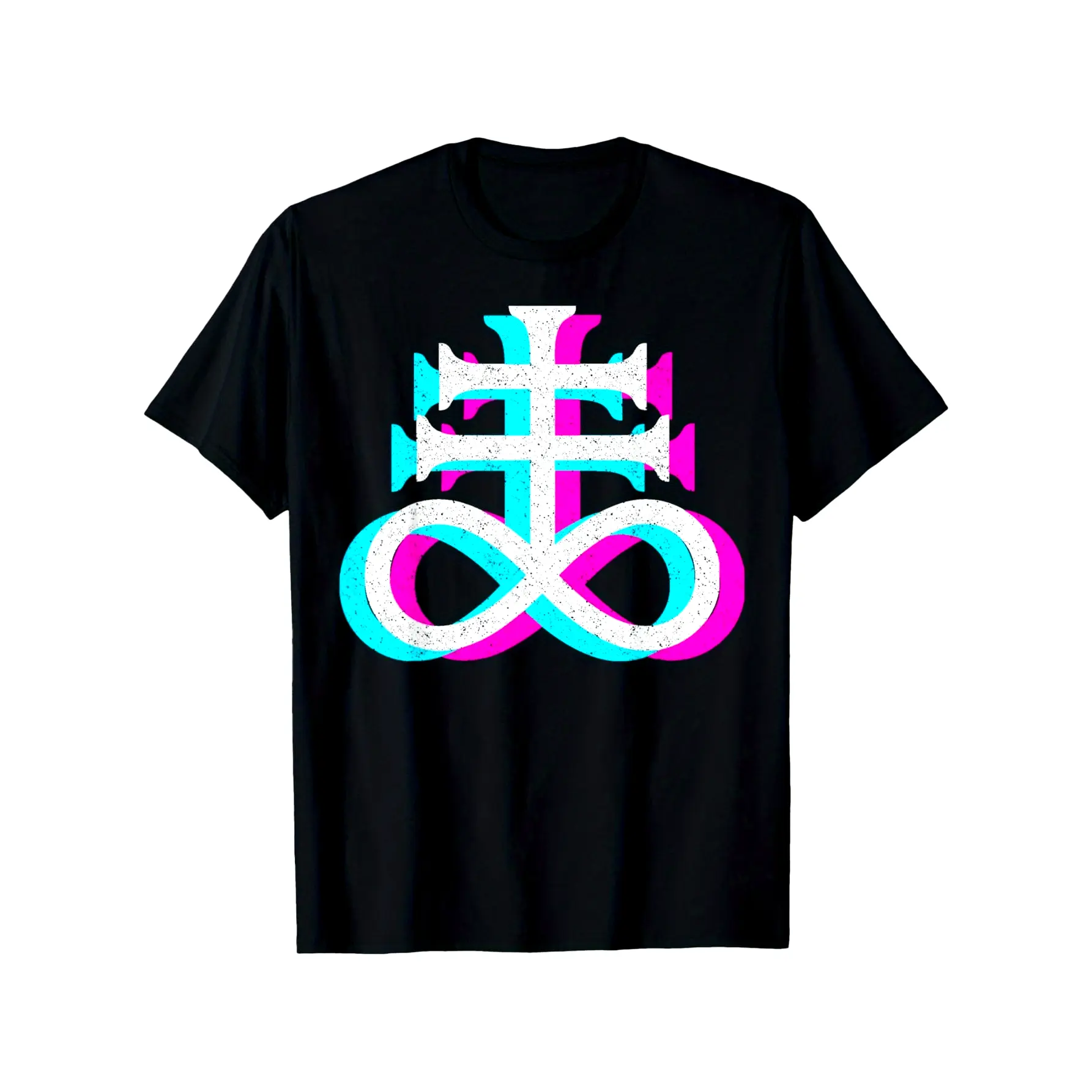 Women's Occult Satanic Graphic Crew Neck Short Sleeve T-Shirt - Black Basic All Seasons Chic Unisex Cotton Knit Tee, Bold Pink Cross & Cyan Infinity Symbol Print, Relaxed Fit, Slight Stretch, Machine Washable, Sizes S-XXXL