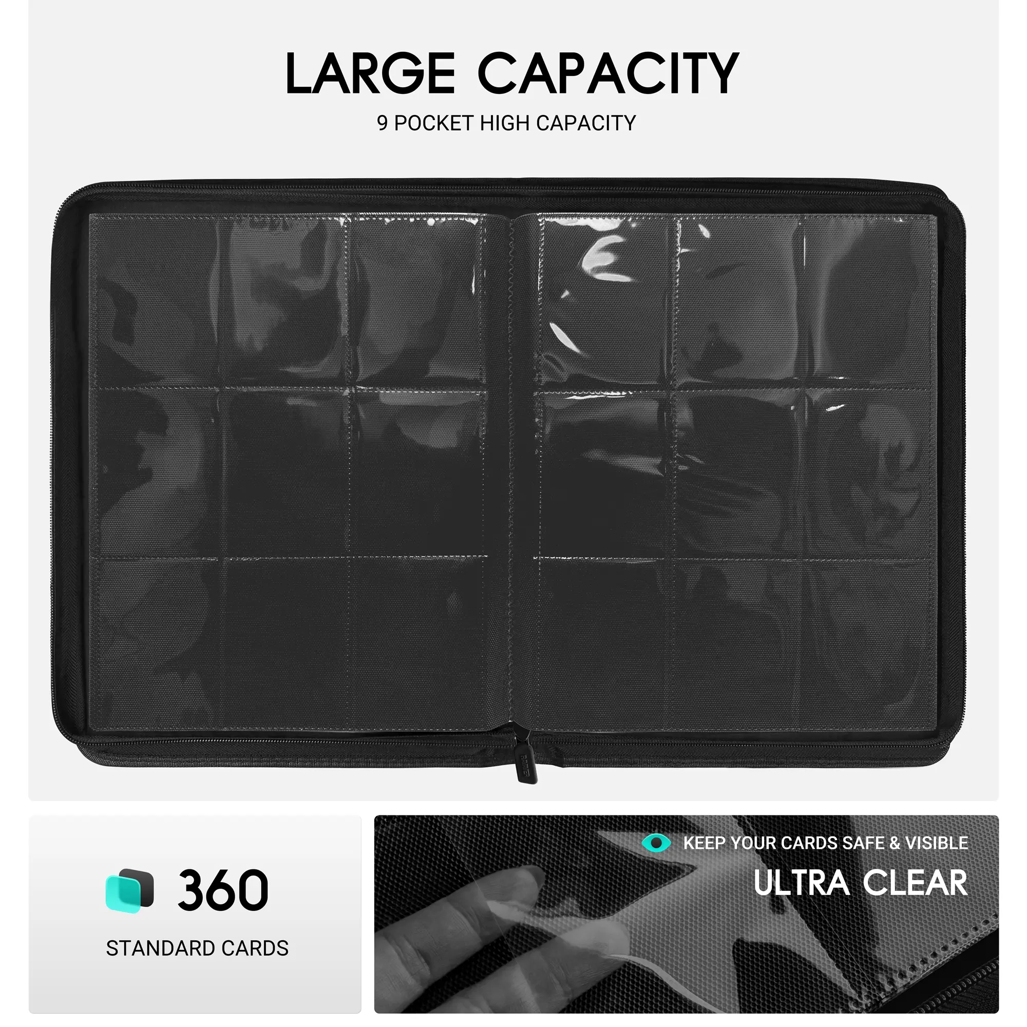 9-Pocket Trading Card Binder - 360 Side Loading Pockets With Zipper  Closure, 20 White Pages Side Loading Binder