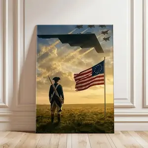 America 250th Anniversary Poster, Revolutionary War Soldier and US Flag Wall Art,Spirit Aircraft Patriotic Freedom,Military Family Home Decor, Battlefield Sunset Silhouette, Groomsmen Gift for Hero, Patriotic Office Hanging, Canvas Art for Patriots.