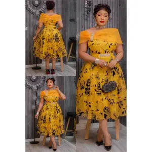 Yellow Off-Shoulder Embellished Twirl Skater Midi Dress Wedding Reception Cocktail Party Birthday Easter Outfit