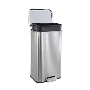 Stainless Steel Step Trash Can with Soft Close Lid and Removable Inner Bucket, Fingerprint Proof Fluted Bathroom Garbage Can, Modern Rectangular Rubbish Bin for Bathroom Kitchen Office in Multiple Sizes and Colors