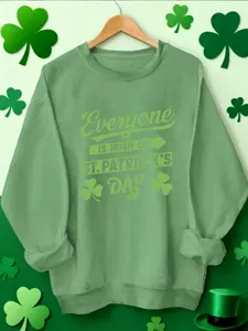 Women's Saint Patrick's Day Round Neck Sweatshirt, Irish Theme Slogan & Clover Design, Casual Fitted Style, Fall&winter Fashion