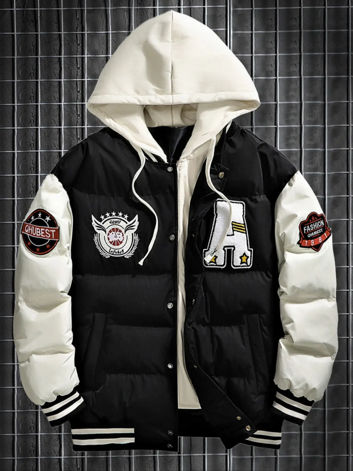 Men's Fall Winter Thickened Casual Long Sleeve Jacket, Warm Fashion Trendy Fake Two-Piece Hooded Coat, Fitted Outerwear with Letter Pattern, Polyester Fiber Material