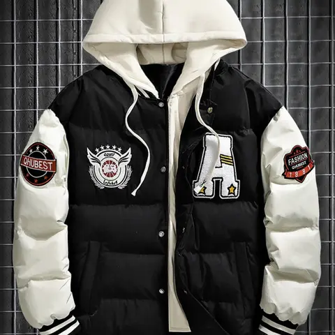 Men's Fall Winter Thickened Casual Long Sleeve Jacket, Warm Fashion Trendy Fake Two-Piece Hooded Coat, Fitted Outerwear with Letter Pattern, Polyester Fiber Material, Casual Fashionable Jacket