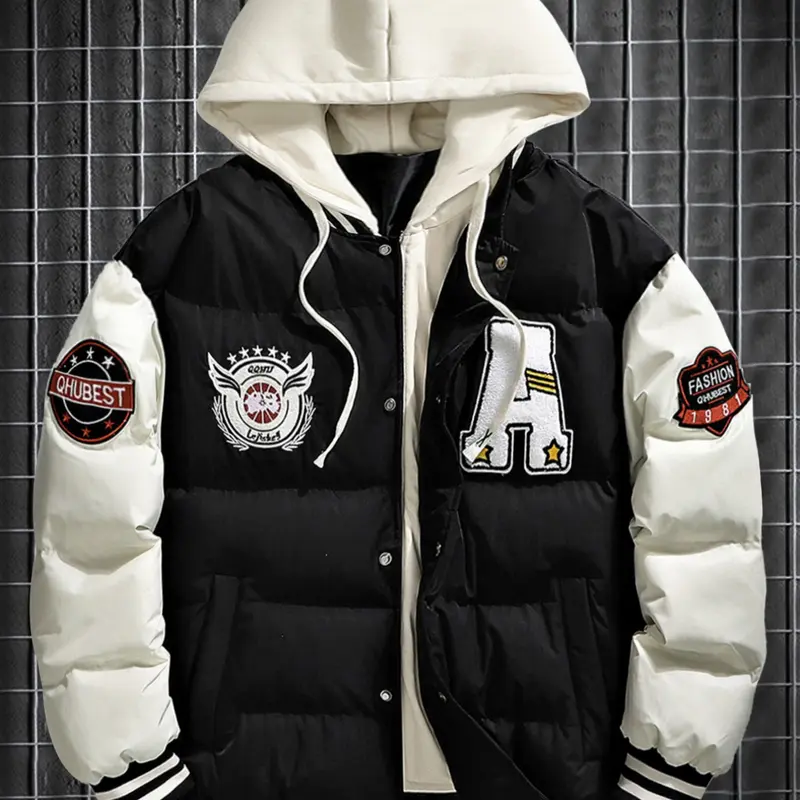 Men's Fall Winter Thickened Casual Long Sleeve Jacket, Warm Fashion Trendy Fake Two-Piece Hooded Coat, Fitted Outerwear with Letter Pattern, Polyester Fiber Material, Casual Fashionable Jacket