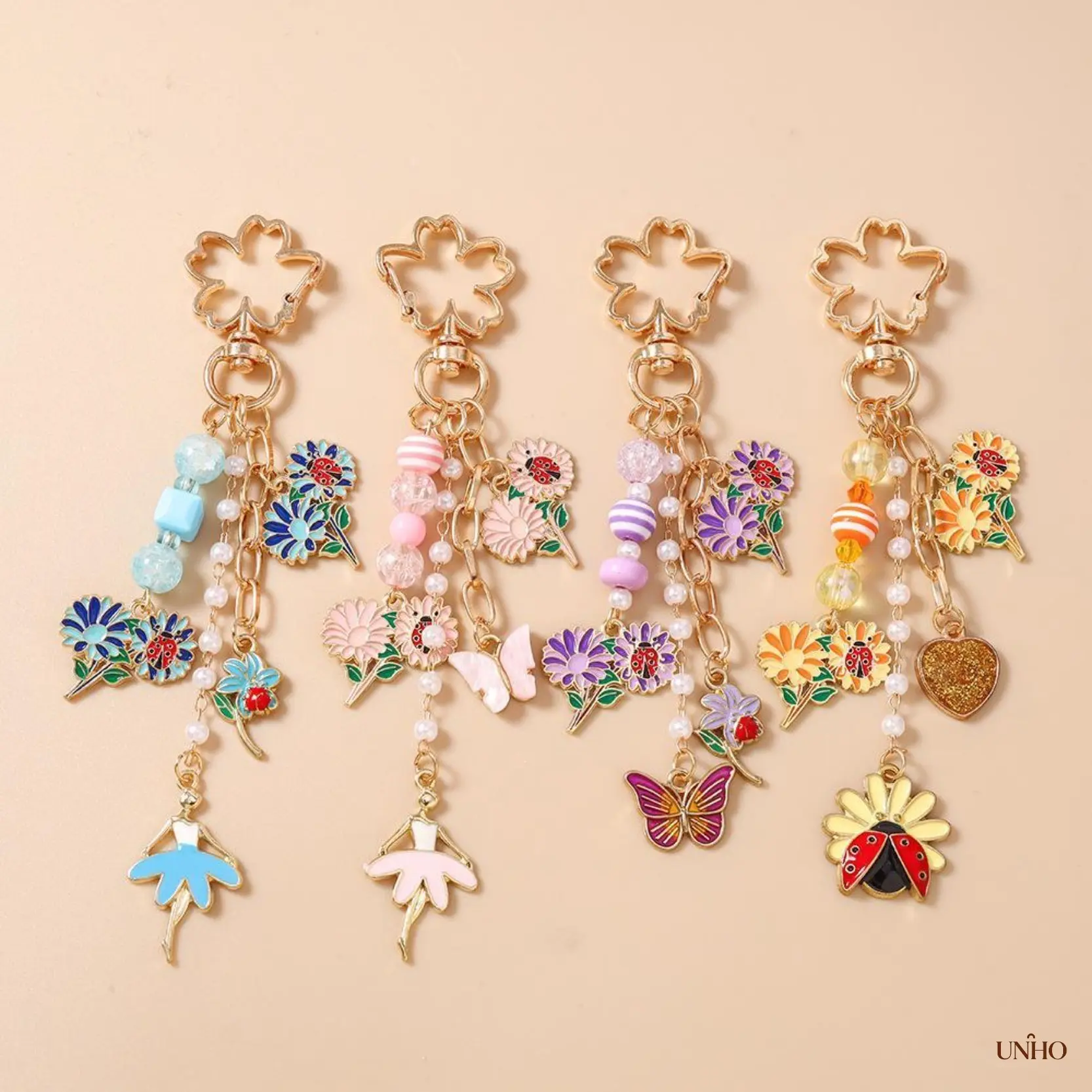 4Pcs Aesthetic Key Ring Bag Charm Set For Women, Ladybug Butterfly Flower Tassel Beaded Wristlet With Cute Carabiner, Lovely Decor Ornament For Backpacks Car Keys & Sweet Matching Holiday Gift