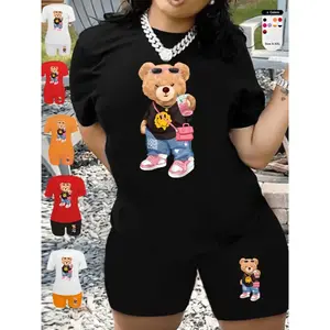 Women’s two-piece set featuring a cartoon bear print: short-sleeved crewneck T-shirt and fitted shorts—summer outfit for everyday wear GARMENTARY