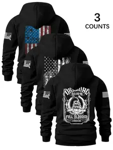 Men's 3-Piece Long Sleeve Fitted Hooded Sweatshirt Set, Flag Print Design, Kangaroo Pocket Drawstring, Fall & Winter Casual Wear, Comfortable Daily