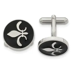 Stainless Steel Fleur de Lis Cufflinks with Polished Black Enamel  Gift Ready