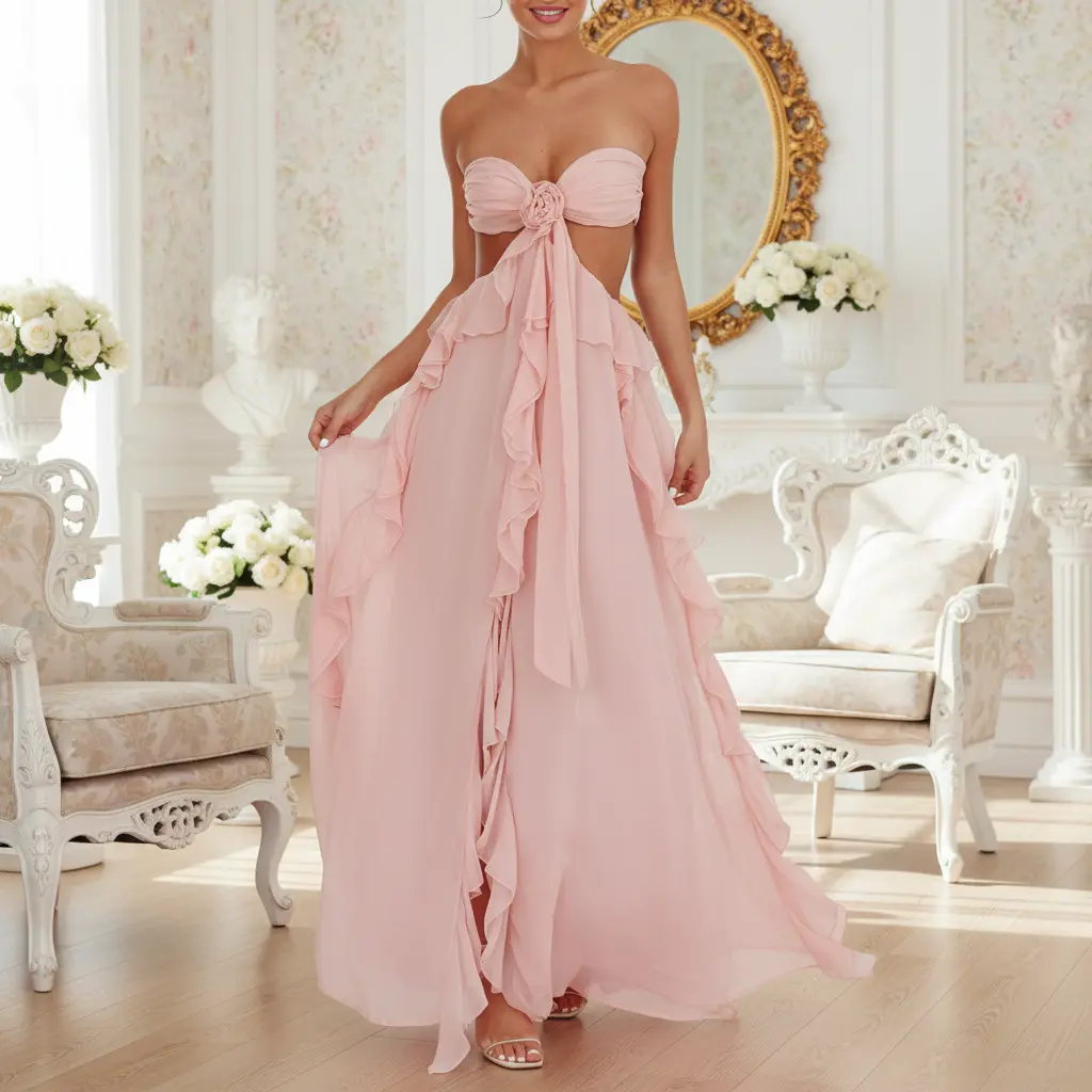 Women's Strapless Ruffle Maxi Dress, 3D Floral Cutout Waist Chiffon Gown with High Slit, Elegant Flowy Formal Dress for Wedding & Party