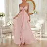 Women's Strapless Ruffle Maxi Dress, 3D Floral Cutout Waist Chiffon Gown with High Slit, Elegant Flowy Formal Dress for Wedding & Party