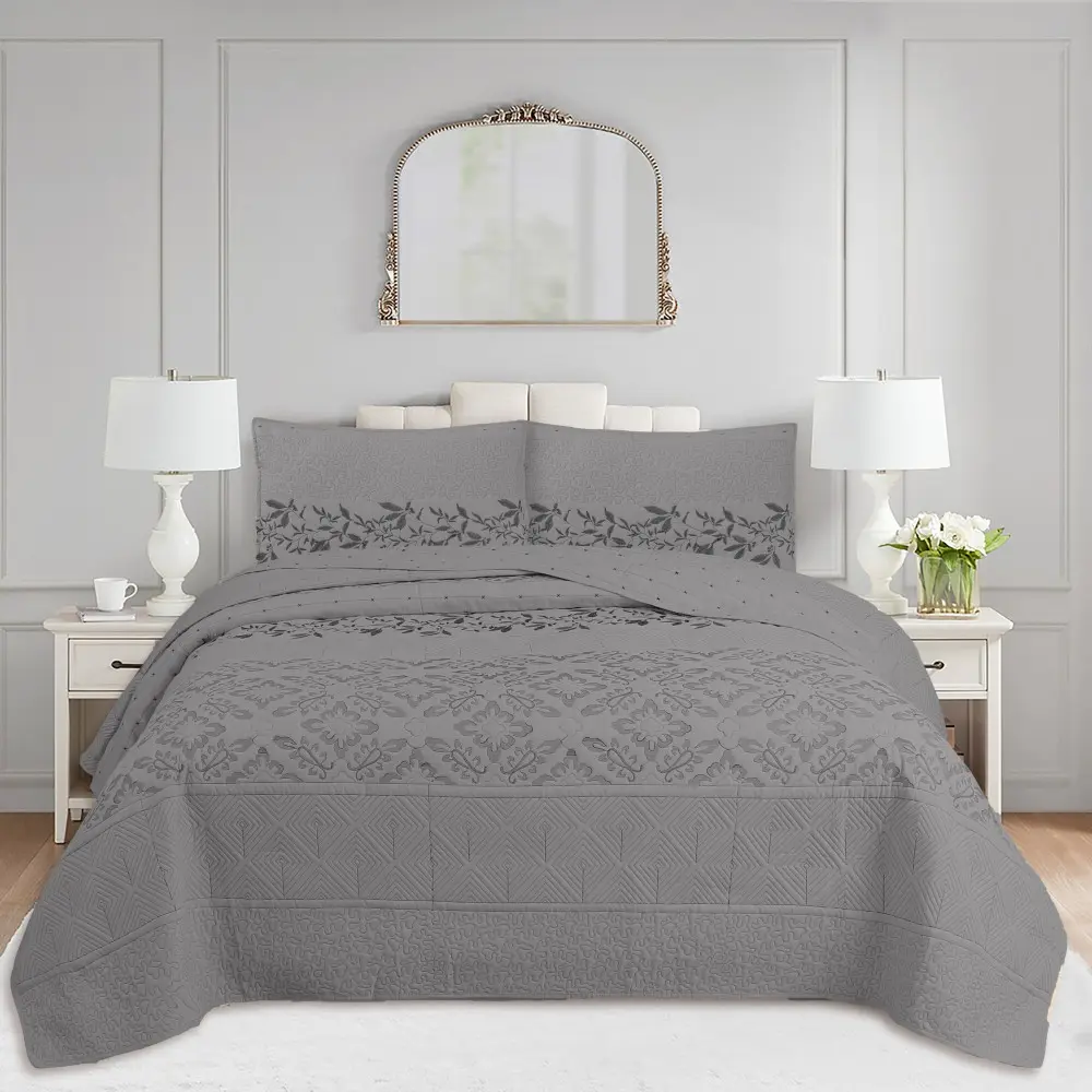 Elegant Embroidered 3 Piece Quilt Set All Seasons Lightweight Textured Floral Geometric Bedspread Premium Bedding Sets For Beautiful Bedroom Decor