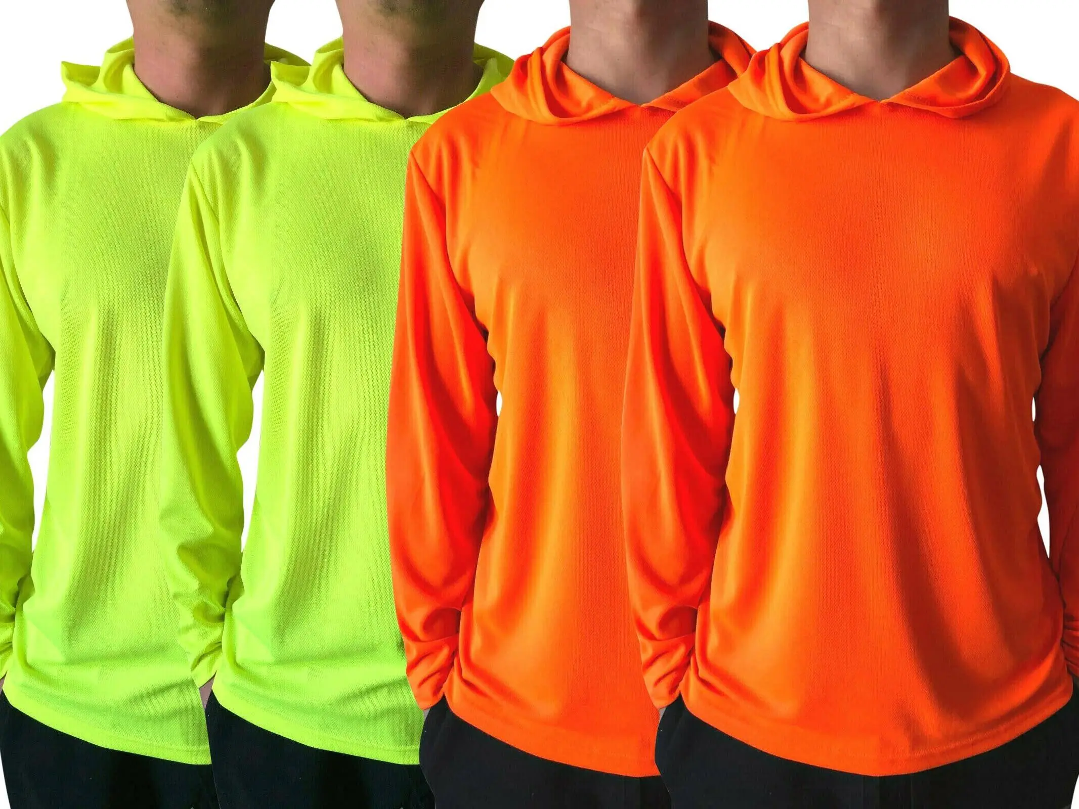 Men's 4-Pack Hi-Vis Hooded Long-Sleeve Safety Shirts, Quick-Dry Polyester Birdseye Mesh, Ultra-Lightweight Reflective Thin Pullovers, Construction Workwear Safety Equipment