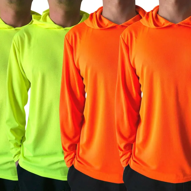 Men's 4-Pack Hi-Vis Hooded Long-Sleeve Safety Shirts - Quick-Dry Polyester Bird’s Eye Mesh, Ultra-Lightweight Crew Neck Pullovers, All-Seasons Construction Gear, Moisture-Wicking, Maximum Mobility, Reflective Workwear & Uniforms, Safety Equipment