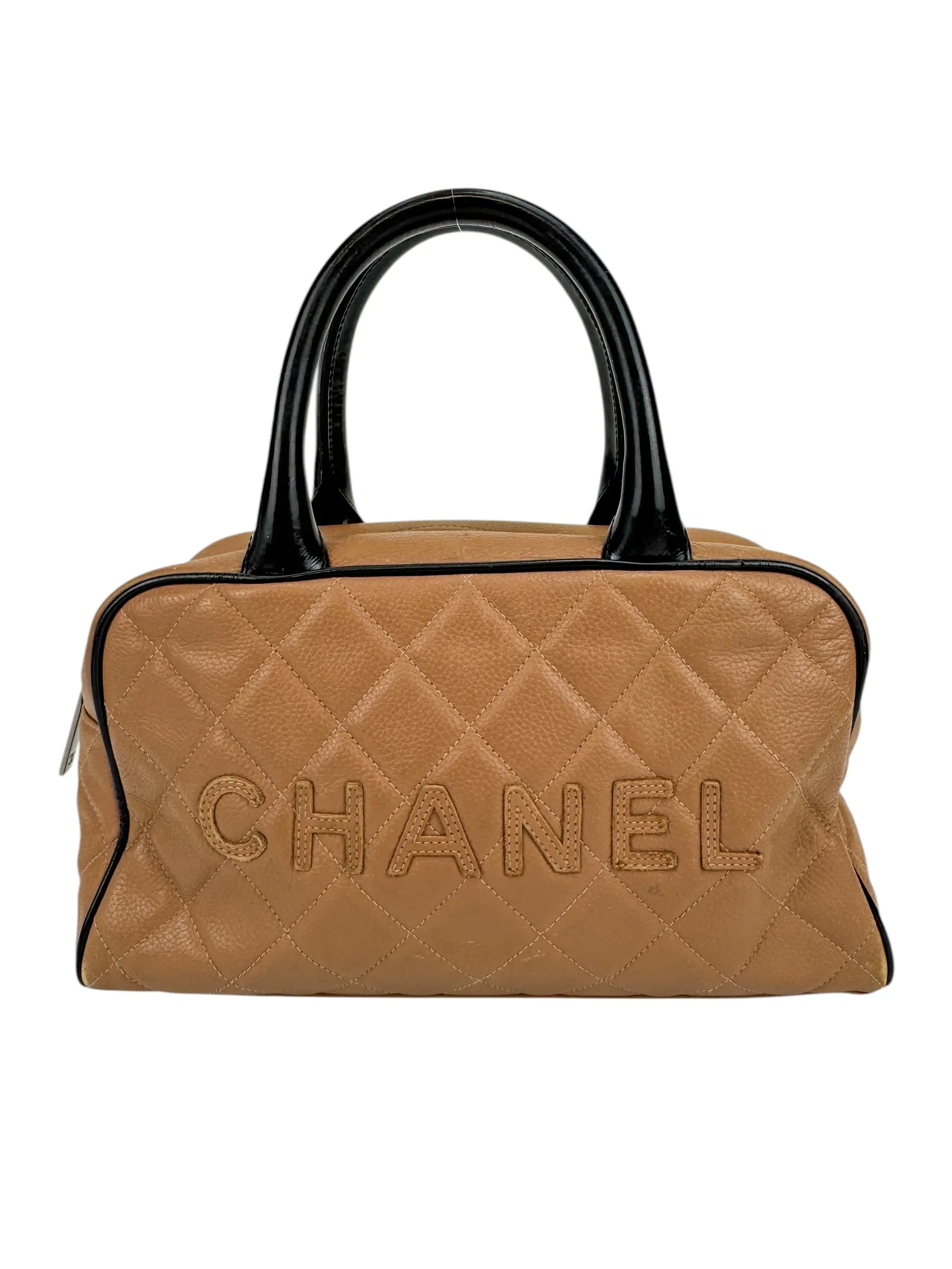 Pre-owned CHANEL Leather Top Handle Brown Quilted Caviar Mini Bowler Bag