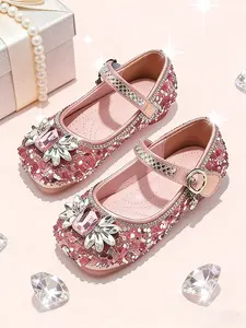 Girls' Princess Shoes 2026 New Water Drill Pearl Mary Jane Flats Little Girls Dress Shoes Soft Bottom Anti-Slip Single Shoe Performance Shoe