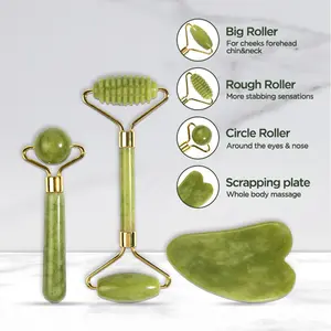3-Piece Natural Jade Roller & Gua Sha Set – Facial Massager for De-Puffing, Sculpting & Glowing Skin