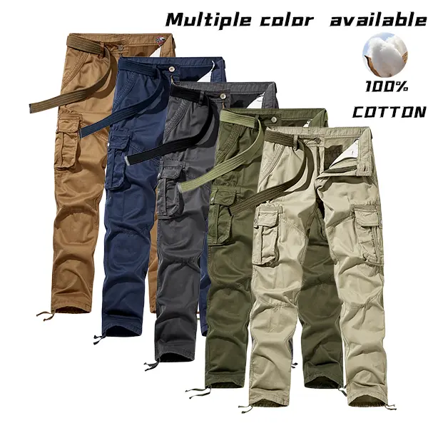 Men’s multi-color 100% cotton cargo pants — 100% cotton washed wear-resistant fabric, multi-layer flap side cargo pockets, suitable for fishing, camping, and everyday commuting.