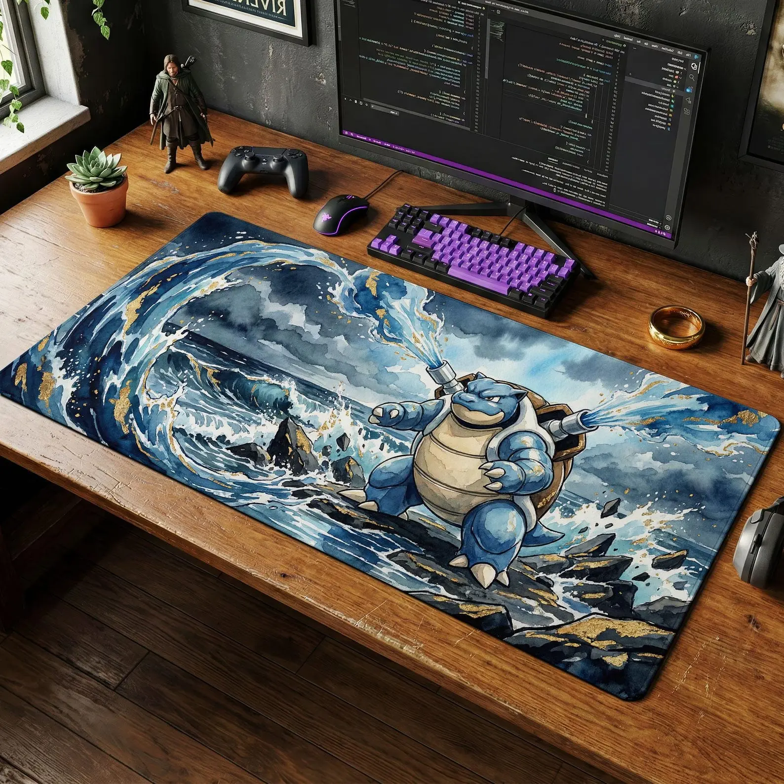 Blastoise Desk Mat, Water Art Mouse Pad, Large Gaming Chair Mat, Ukiyo-e Anime PC Setup Accessories