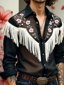 INCERUN Men's Fashion Casual Western Style Printed Long Sleeve Shirt, Fringe Embroidery Design, Summer Streetwear, Perfect for Daily Wear