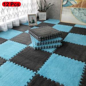 colorblock puzzle floor mat, 12pcs/set soft fluffy playing area rug, square patchwork mat, bedside carpet for home bedroom & living room