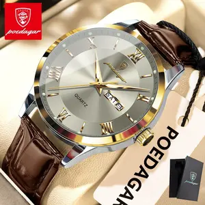 POEDAGAR Men's Fashion Watch Leather Date Week Quartz Men's Watch Waterproof Night Light Business Men's Watch Men's Style