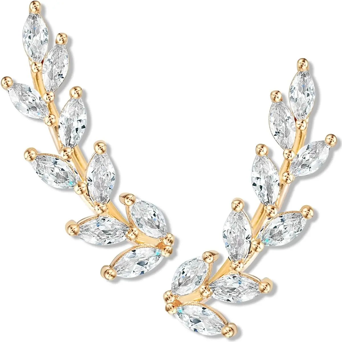 14K Gold or 925 Sterling Silver Plated Ear Crawler Earrings for Women - Crystal Leaf Ear Climber Earrings - Hypoallergenic, Safe for Sensitive Ears