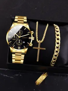 Men's Gold Alloy Roman Calendar Quartz Watch Set, Cross Necklace Bracelet Ring Jewelry Gift, 4-Piece Luxury Accessory Collection