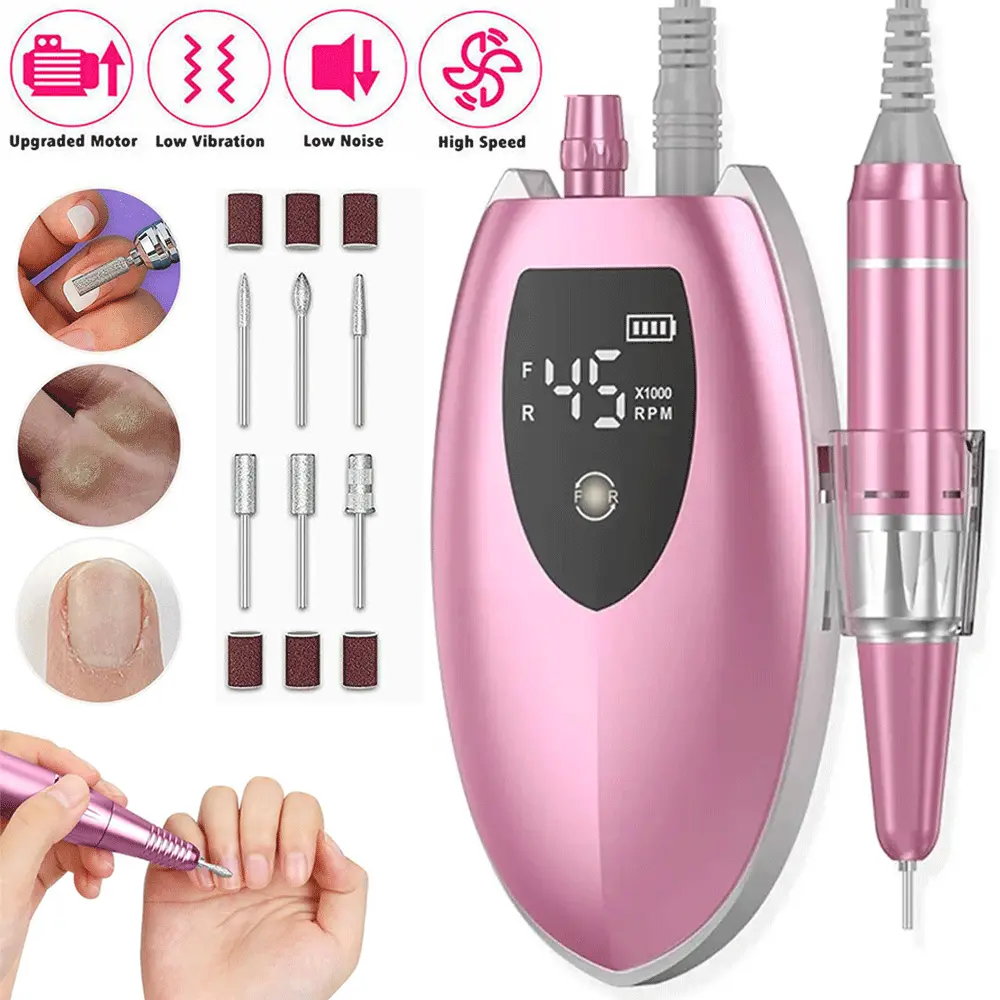 Professional 45000 RPM Rechargeable Nail Filing Drill, Lightweight Aluminum Handle Wireless E-File with LCD Display, Travel Size Pink ABS Single Item Portable Manicure Pedicure Kit with USB Charger for Acrylics, Salon/Home Use, Nail Care Ideal Gift, Nail