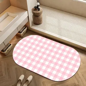 Sweet Pink & White Gingham Absorbent Diatomaceous Earth Oval Bath Mat Non Slip Rubber Backed Fast Dry Shower Mat Thin Bathroom Rugs Floor Mat