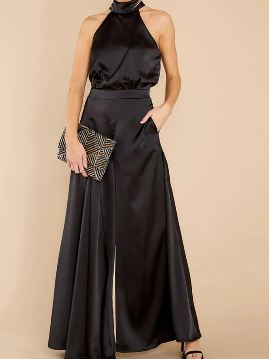 Women's Luxury Shiny Sleeveless Halter Neck Jumpsuit - Flowy Wide Leg Trousers Suit, Womenswear